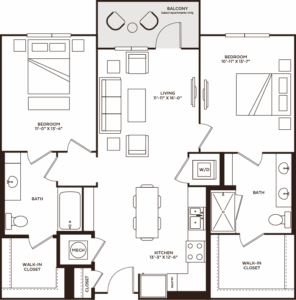 Floorplan illustration of the 2-bedroom Oak at The Row Raleigh